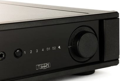 Stereo integrated hi-fi amplifier Rega Brio MK7 with black front panel, rotary knob on the right, numbered jacks and selectors on the left