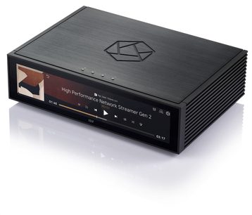 Netzwerk-Audioplayer RS151 schwarz mit rechteckigem Gehäuse, strukturierter Oberseite und Frontdisplay zur Anzeige von Informationen