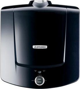 Sort Mitsubishi luftfugter, set forfra, cylindrisk form, afrundet top, LED-skærm, kontrolknapper