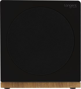 Subwoofer Tangent Spectrum XSW-8 černý, pohled zepředu, černá perforovaná kruhová mřížka, bílé logo nahoře