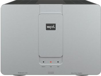 Højttalerforstærker med høj troværdighed SPL Performer S1200 sølv med rektangulær front, centreret logo og tre indikatorlamper nederst