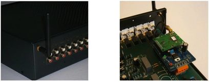 To billeder af et audio-printplade med komponenter, forgyldte RCA-stik og Wi-Fi-modul på det grønne printplade