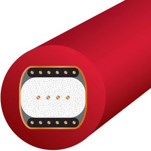 Cavo coassiale digitale Wireworld Starlight 10 Coaxial 1m, sezione trasversale che mostra una guaina rossa, un isolante bianco testurizzato, conduttori dorati e elementi neri rettangolari