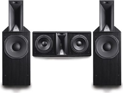 Sæt med JBL Array 1400 sorte gulvhøjttalere set forfra, synlige højttalerenheder, horisontal centerhøjttaler