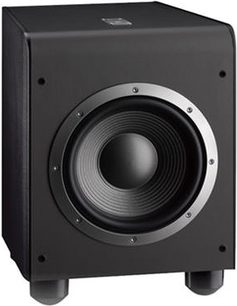 JBL ES150P Subwoofer schwarz, Frontansicht, kubische Form, runder Mitteltreiber, Schutzgitter, mattes schwarzes Gehäuse