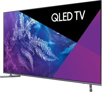 Samsung QLED-TV QE65Q6F, rektangulær, flat svart skjerm, smal ramme, sølvfarget midtfot, bilde av blå bregner