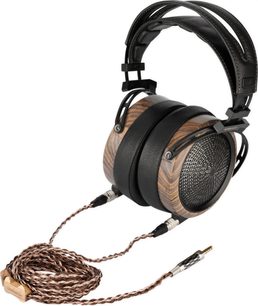 Mustat Sendy Audio Peacock -hifikuulokkeet, ruskeat puunsyykuvioiset korvakupit avoimilla ritilöillä, musta sanka ja punottu kaapeli