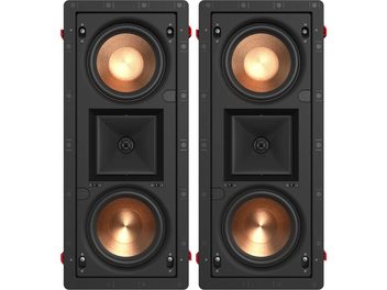 Set mit 2 schwarzen Klipsch PRO-25-RW LCR Wandeinbaulautsprechern mit doppelten kupferfarbenen Treibern