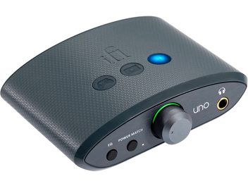 Conversor de áudio DAC iFi Audio Uno preto, vista superior, forma oval, botões, entrada para fones de ouvido e luz indicadora LED azul