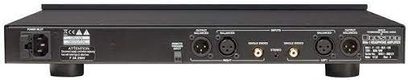 High-fidelity headphone preamp BHA-1, rear view, XLR connectors, RCA, power supply, black rectangular casing