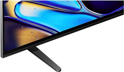 Sony BRAVIA 8 (65XR80), fladskærm, nederste højre hjørne, tynd sort kant, metalfod, blå og gul skærm