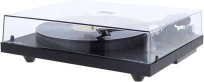 Hi-fi pladespiller Enova HIFI Vision 2 SET sort, set ovenfra, lukket transparent låg, tonarm, sort finish