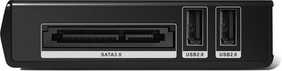 Multimediální přehrávač Zappiti Mini 4K HDR černý, přední strana s porty SATA 3.0 a USB 2.0, pohled zepředu