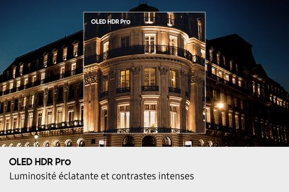 Beige stone Haussmann-style façade illuminated at night with black balconies, central frame highlighting the "OLED HDR Pro" area, front view from a slightly low angle