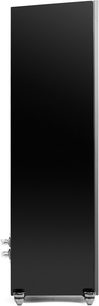 MartinLogan Motion F20 søjlehøjttaler i sort lak set fra siden, glat overflade, metalforbindelser synlige nederst til venstre