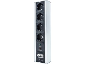 Prelungitor parafoudre Supra Cables MD Series Mark III cu 4 prize Schuko, carcasă verticală din aluminiu striat, indicatoare luminoase Surge și Power