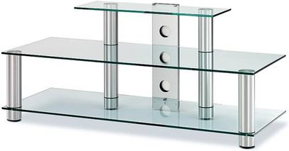 Gennemsigtig glashylde-TV-møbel med 3 hylder, børstet aluminiumsramme med 4 cylindriske ben, Spectral PL142AL