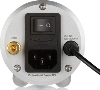 Ekstern strømforsyning til pladespiller, bagsidevisning, sort afbryder, forgyldt GND-stik, DC-udgang 12V 500mA, sort kabel