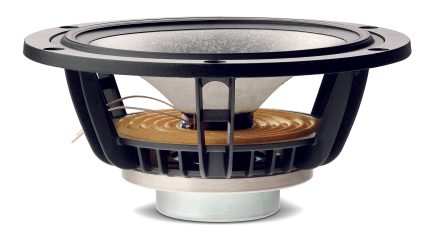 Seitenansicht eines schwarzen Lautsprechers mit grauem Konus, brauner Aufhängung, durchbrochenem Rahmen, kreisförmiger Metallbasis