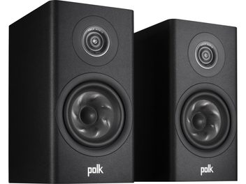 Duas colunas de estante Polk R100 pretas, vistas de frente, lado a lado, com os alto-falantes aparentes