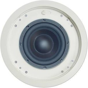 Klipsch ICSW8T indbygget højttaler, set forfra, rund hvid gitter med logo, mørkeblå central diskant