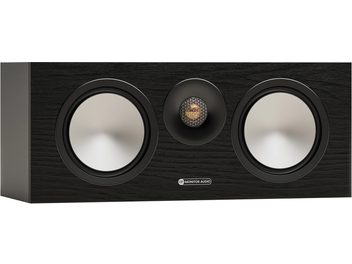 Boxă centrală Monitor Audio Bronze 7G Centre neagră din lemn texturat, vedere frontală cu două difuzoare cu conuri argintii care înconjoară un tweeter auriu protejat de o grilă alveolată, logo centrat dedesubt