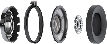 Audio Technica ATH-ADX5000 åben hovedtelefon set forfra og fra siden, med sorte gittere, puder og hovedbøjle