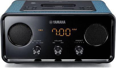 Yamaha TSX-70 mørkeblå vækkeur, frontvisning, orange LCD-skærm, 2 højttalere, knapper og drejeknapper til justering
