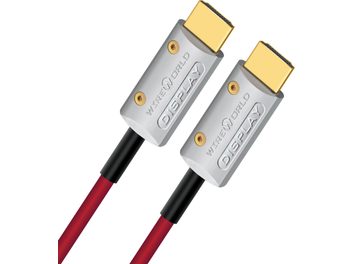 To HDMI-kabler i fiberoptik fra Wireworld Starlight 48, 5 m, metallisk grå, forgyldte stik, parallelle på hvid baggrund