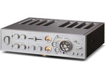 Amplificador hi-fi estéreo Rose RA180 prateado, painel frontal com botões, seletores, medidores VU, entradas para fone de ouvido e microfone, painel frontal preto