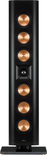 Колона Klipsch RP-640D в черно, изглед отпред, с шест медни високоговорителя и централен високочестотен говорител с рупорен водач