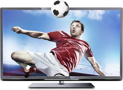 Philips 55PFL5537H-tv, der viser en fodboldspiller i aktion med en hvid og sort bold ovenover