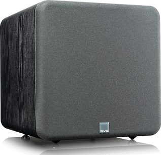 Subwoofer SVS SB-1000 PRO black ash, povrchová úprava černý jasan, pohled zepředu, krychlový tvar, černá mřížka na čelní straně