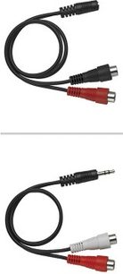 To sorte audio RCA-hanstik-til-hanstik-kabler med røde og hvide stik, set forfra på hvid baggrund