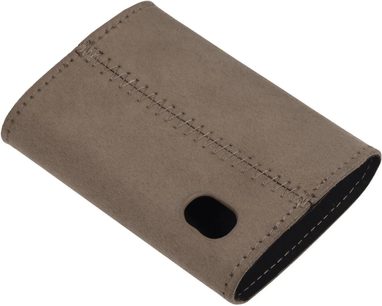 iFi Audio Hip Dac 3 Hülle, taupe, Wildleder-Optik, zentrale Zickzack-Naht, ovales Fenster, seitliche Öffnung, schwarzes Innenfutter
