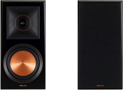 Klipsch RP-600M sort reolhøjttaler, set forfra med og uden frontstof, kobberfarvet woofer og sort horn