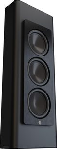 Subwoofer Perlisten D3is v matnej čiernej, predná hliníková kefovaná baffle s tromi zarovnanými basovými meničmi, šikmý pohľad