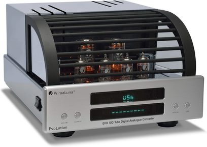 PrimaLuna EVO 100 sidabrinės spalvos garso DAC keitiklis, priekinis vaizdas, 8 vakuuminės lemputės, skaitmeninis ekranas, 2 mygtukai, 2 USB prievadai