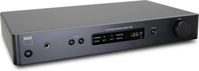 NAD C338 grafiithall-fi stereovastvõtja, esivaatest, must esipaneel ekraani, nuppude ja pordikutega