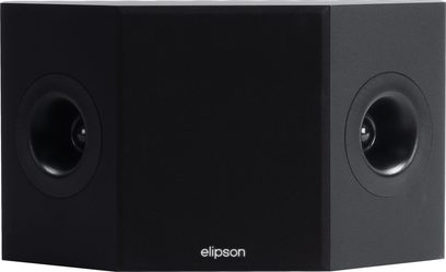 Elipson Prestige Facet 7SR sort højttaler, set forfra, to runde sorte højttalere på en rektangulær mat sort front