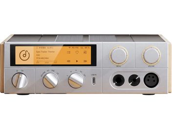 Προενισχυτής ακουστικών FiiO K17 R2R ασημί, μπροστινή όψη με έγχρωμη οθόνη, περιστροφικά χειριστήρια και εξόδους ακουστικών