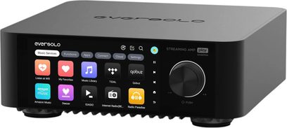 Amplificatore hi-fi integrato stereo EverSolo Play CD Edition, chassis rettangolare nero in alluminio opaco, schermo touch a colori a sinistra e grande manopola del volume circolare con bordo metallico a destra, vista di tre quarti anteriore