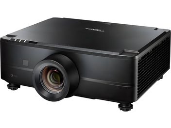 Must Optoma UHZ78LV videoprojektor, suur keskne objektiiv ja külgmine ventilatsioonivõre, kolmeveerandvaade
