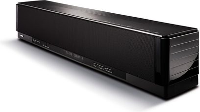 Yamaha YSP-3000 sort soundbar, set forfra, med metalrist på forsiden og kontrolknapper på toppen