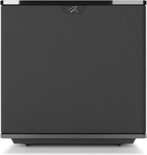 MartinLogan Grotto 12 subwoofer i sort højglans, set forfra med sort rillet frontstof og centreret logo