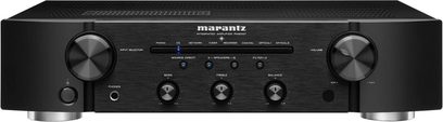 Marantz PM6007 integrert stereo hi-fi-forsterker i sort, børstet aluminiumsfront, blått display, metallknapper