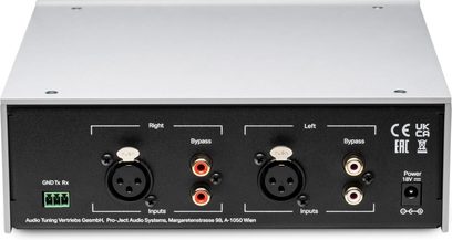 Pro-Ject Head Box DS3 B svart, bakvy med XLR- och RCA-ingångar höger vänster, bypass och 18V strömförsörjning