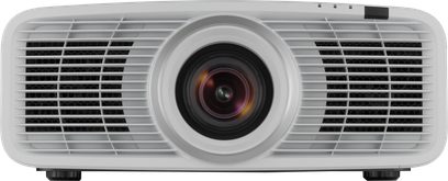 Proyector JVC DLA-NZ500W blanco, vista frontal, lente central, rejillas de ventilación horizontales, patas ajustables