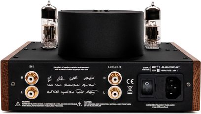 Feliks Audio Echo Classic preamplificatore per cuffie valvolare nero vista posteriore con connessioni RCA, interruttore di alimentazione e lati in legno