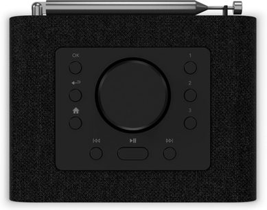 Sonoro Atron anthracite and black tabletop radio, top view with telescopic antenna and central dial